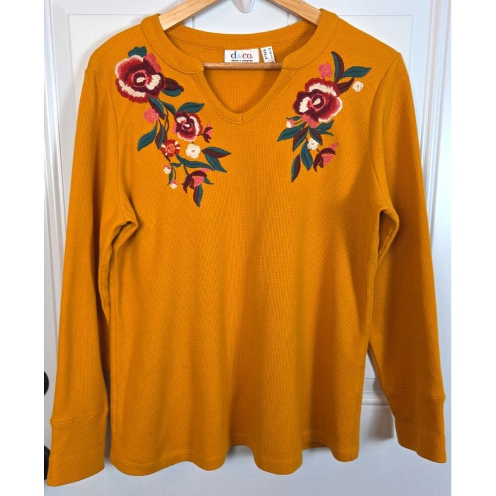 D & Co Embroidered Floral Notch V-Neck Long Sleeve Top Size M
